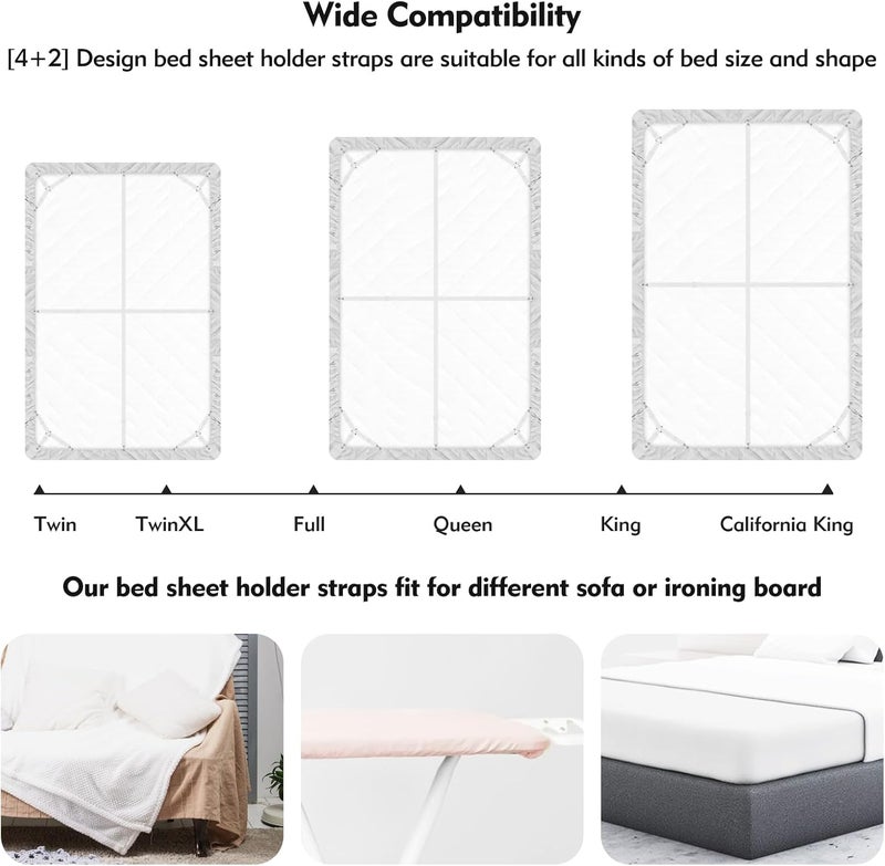 Eiruseed Bed Sheet Holder Straps, 4+2 Pcs Adjustable Mattress Sheet Clips, Bed Sheet Fasteners Elastic Sheet Suspenders to Keep Bed Sheet in Place for Different Beds (White) - Image 3